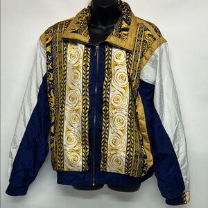 Vintage Style Blue and Gold Jacket size XL 100% shoulder pads windbreaker